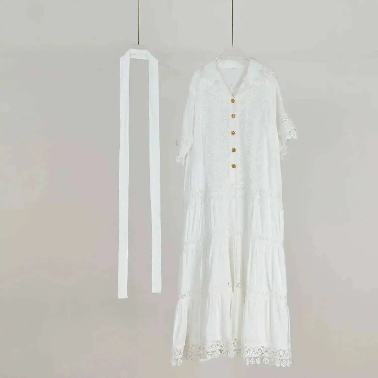 Luxury Long Maxi Dresses Shirt Women 2025 Summer Holiday Lace Embroidery Cotton Loose Big Size Hollow Out Wedding Dress White
