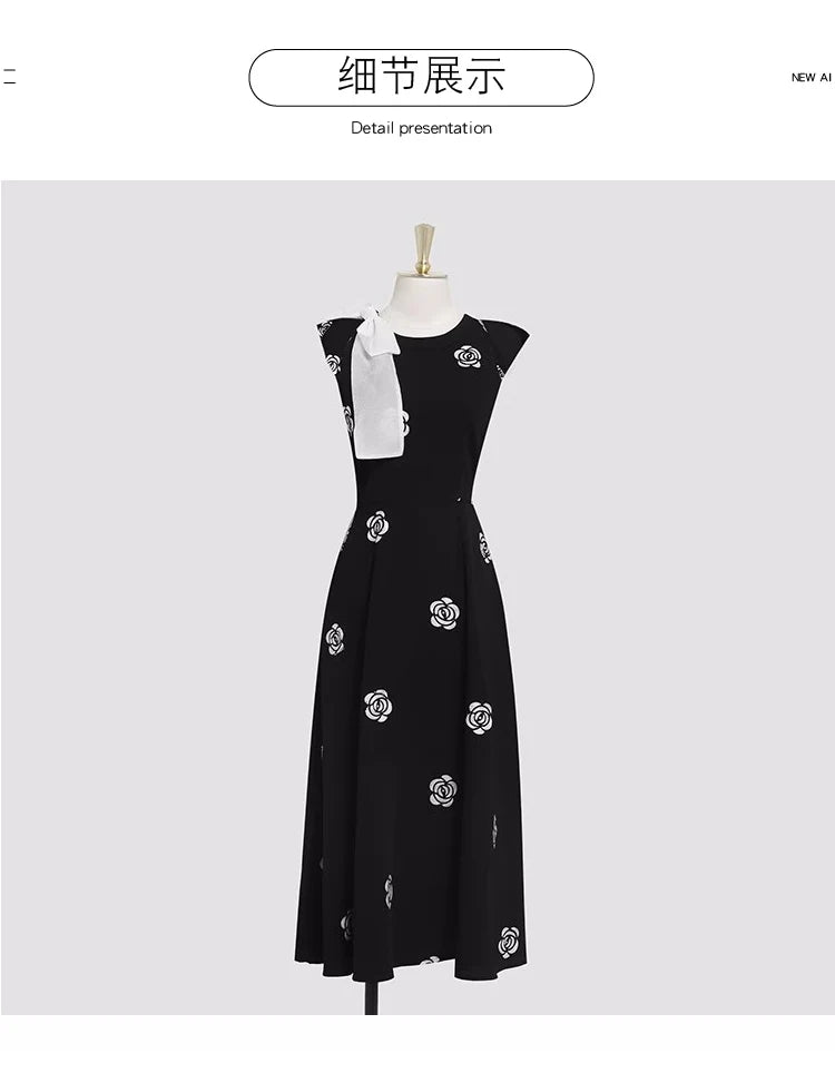 Designer Fashion New Summer Rose Flower Embroidery Office Dress Elegant Women O Neck Hit Color Bowknot Black Floral Midi Dresses