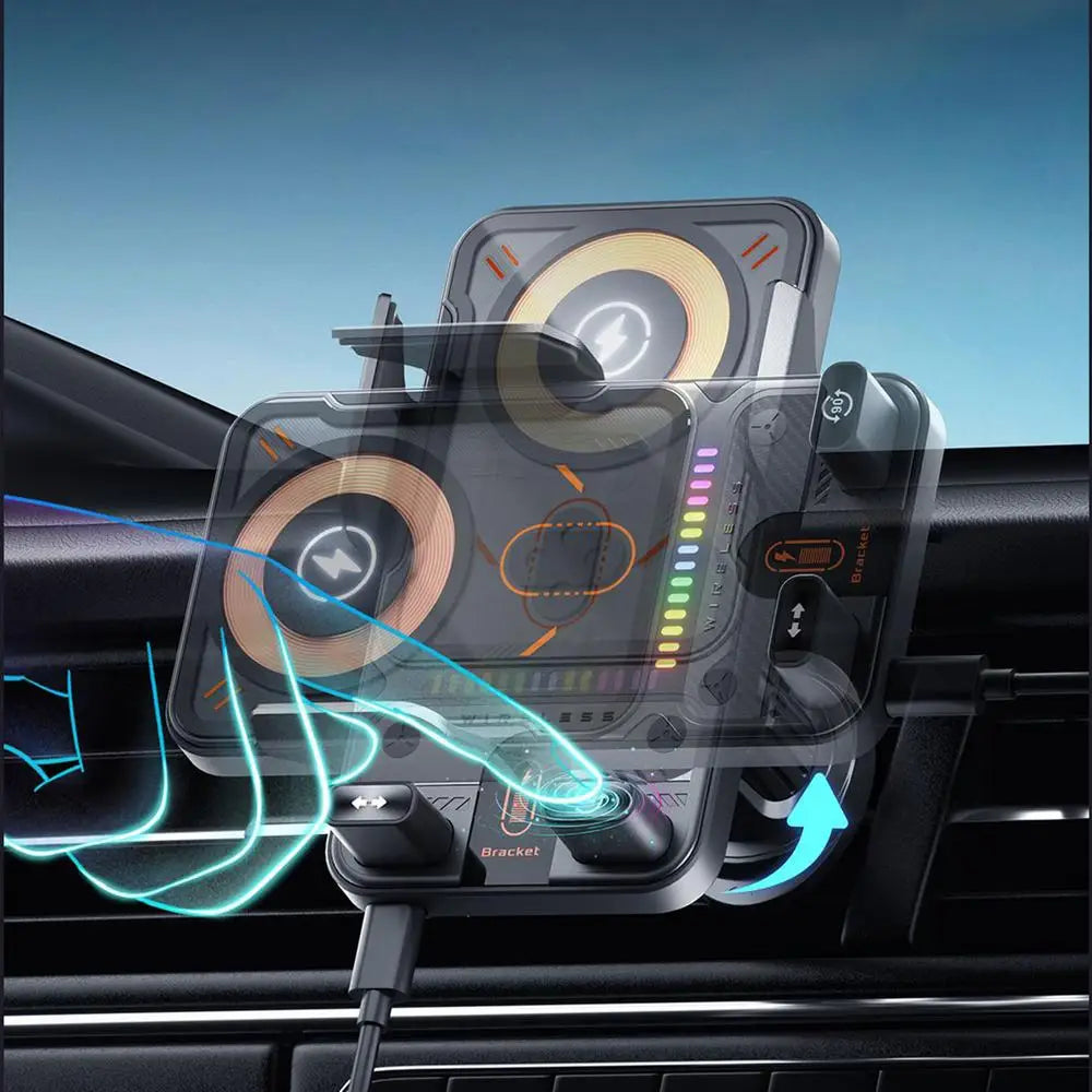 General Car Air Vent Electric Rotating Opening Closing Phone Holder 15W Wireless Charger Dualed Coil Smart Phones Fast Charging