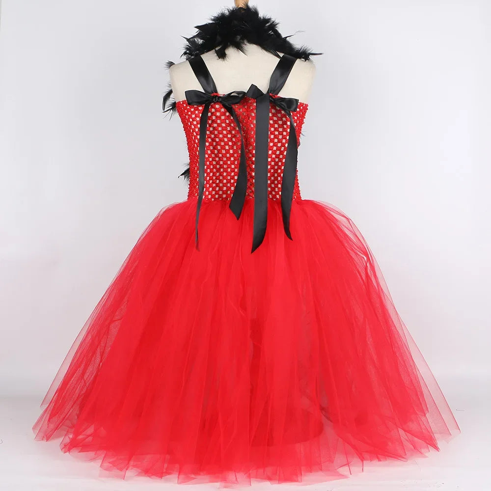 Halloween Crulla Cosplay Costume Cruella Tulle Dress Party Girls Black White Carnival Kids Cruella Wig Lace Mask Suit Clothes