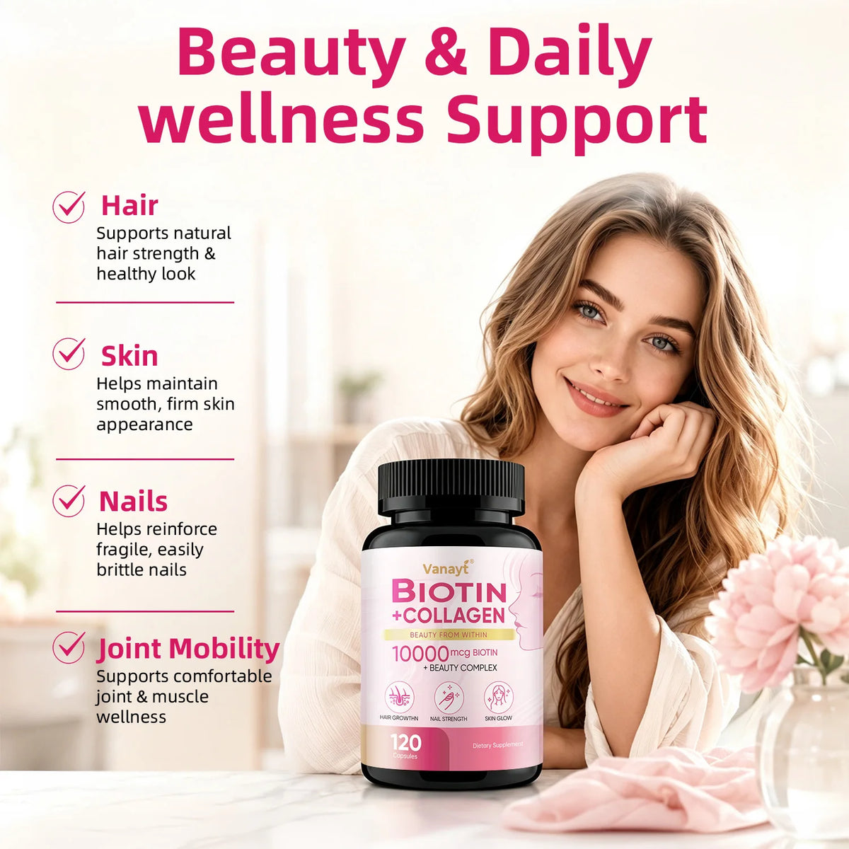 Biotin Collagen - Nourishes The Skin, Slows Down Aging, Promotes Healthy Hair, Strong Nails, and Improves Intestinal Digestion 120 Capsules