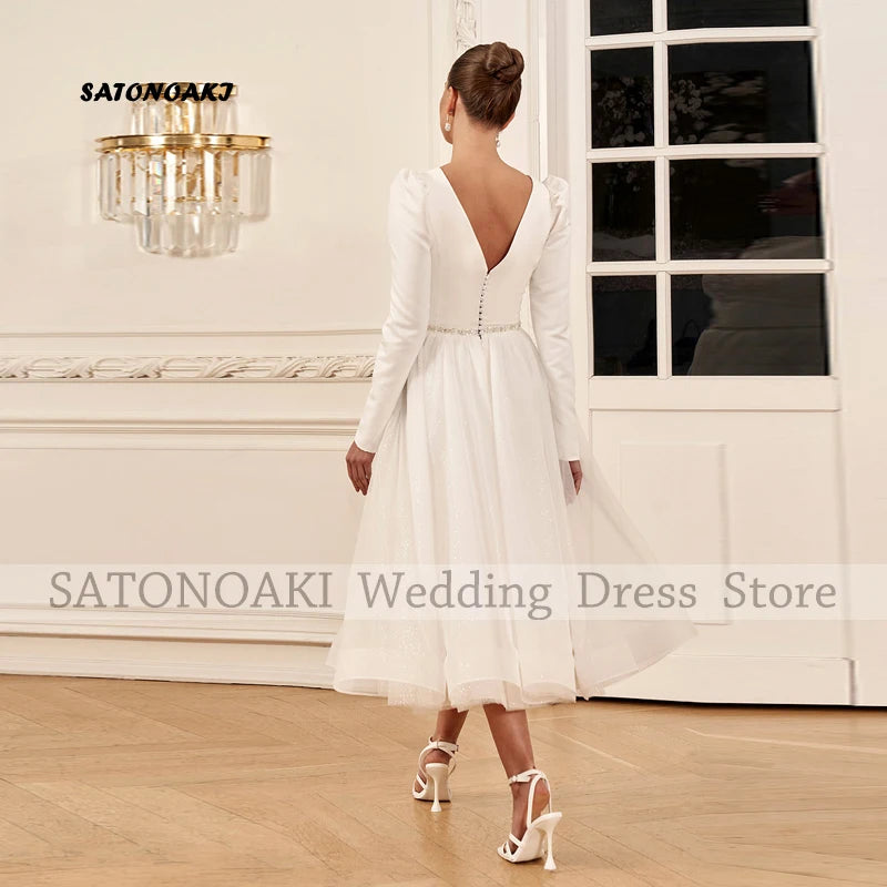 Customized Elegant Simple Puff Sleeve Ivory Satin Short Wedding Dress for Women Tea Length Backless Bride Gown Vestidos De Novia
