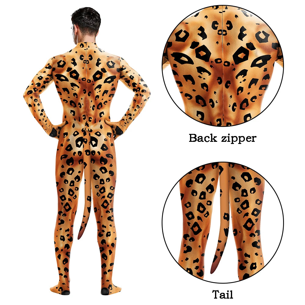Halloween Cosplay Costume Male Adult Full Cover Elastic Zentai Pet Suit Jumpsuit Print Catsuit Bodysuits with Tail Purim Clothes