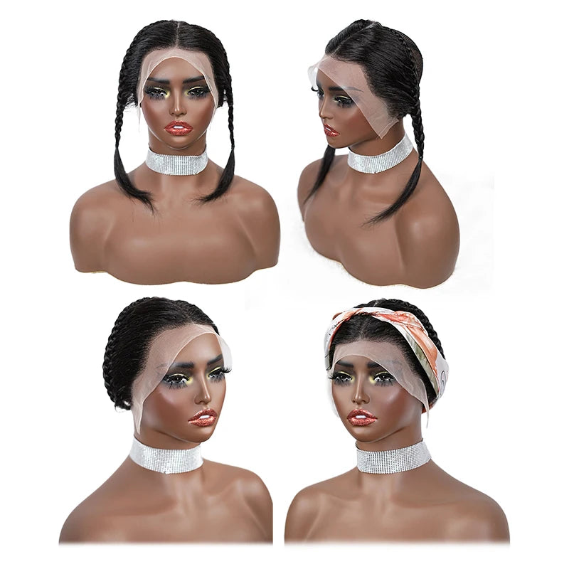 10 Inches 13x4 Inch Lace Front Plait Wig Black Gele Frontal Wig 100% Human Hair with Baby Hair Wig for Women