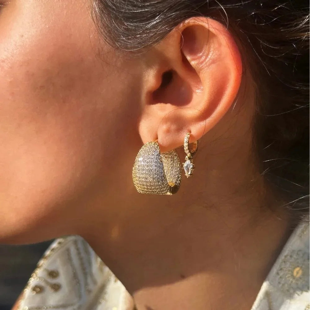 2025 New Arrived Classic Women Fashion Jewelry Full Micro Paved Sparking CZ Curved Waterdrop Shaped Huggie Hoop Earring