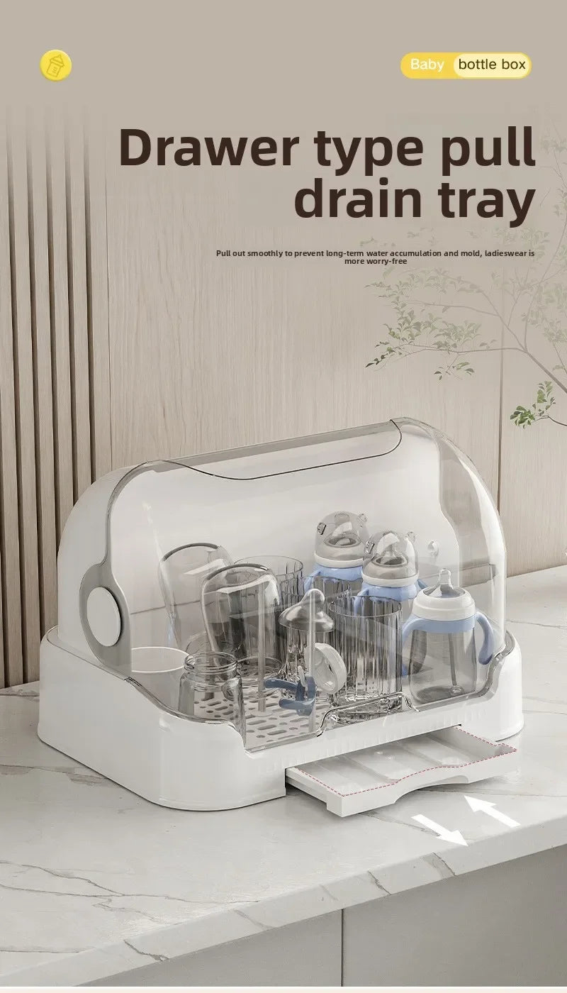 New Baby Bottle Drying Rack & Bottle Organizer Dustproof Storage Container with Removable Drip Tray, Hygienic Feeding Accessorie