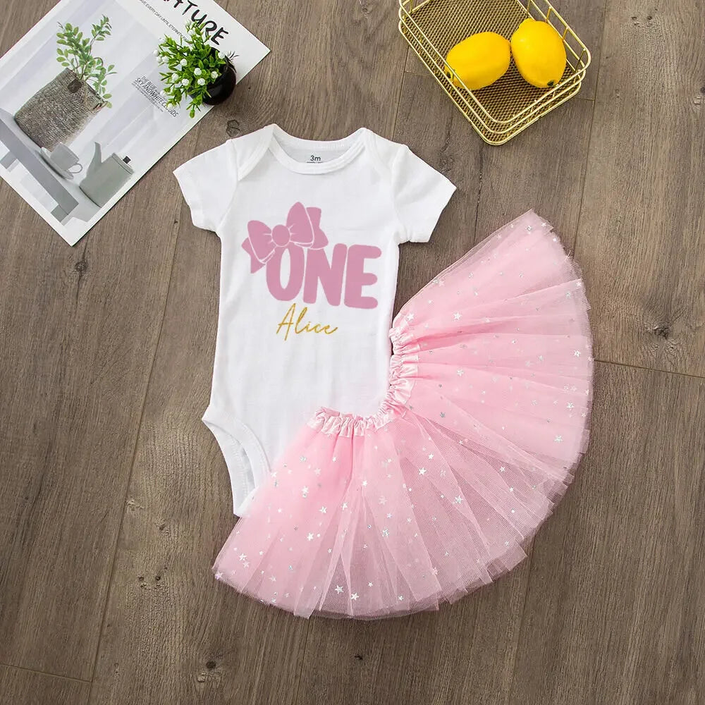 Personalized Birthday Baby Girl Dresses Custom Name Sequin Tutu Skirts Girl Clothes Infant Birthday Gift Baby Short Sleeve Dress
