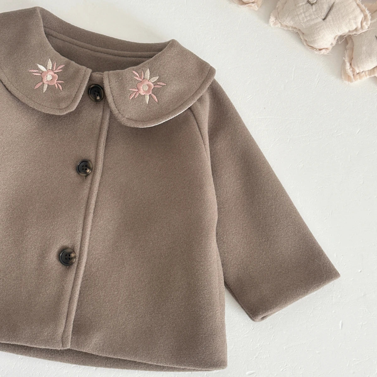 Soft Warm Baby Woolen Fabric Coat Beige/Camel Cute Sun Embroidery Lapel Jacket Infant Toddler Autumn Winter Going Out Outerwear