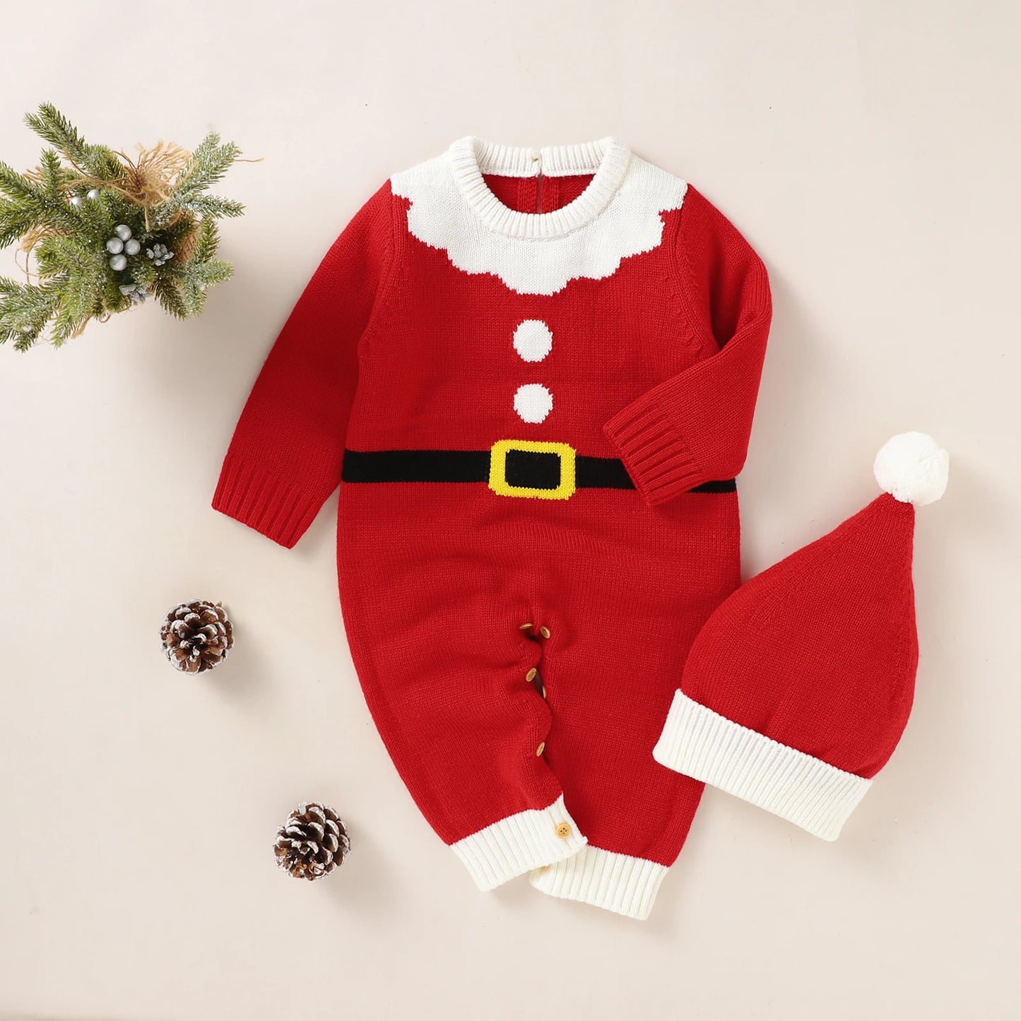 Infant Christmas Outfits Baby Romper Clothes Winter Red Santa Claus Knitted Newborn Infant Boy Girl Christmas Gift Jumpsuits+Hat