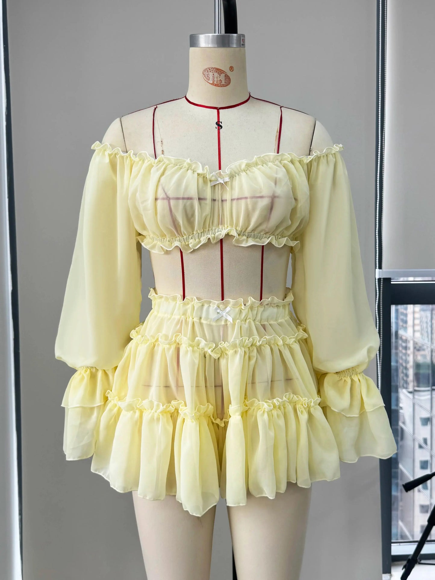 Ruffle Dress Bandage Two Piece Dress Long Sleeve Dresses Cover Up Women A Line Dress Summer Party Evening Female