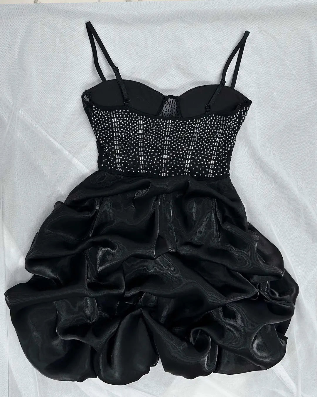 HBLL Sexy Rhinestone Bodycon Ruched Puff Suspenders Dresses Women Sheer Mesh Birthday Party Night Clubwear Summer Dresses Robes