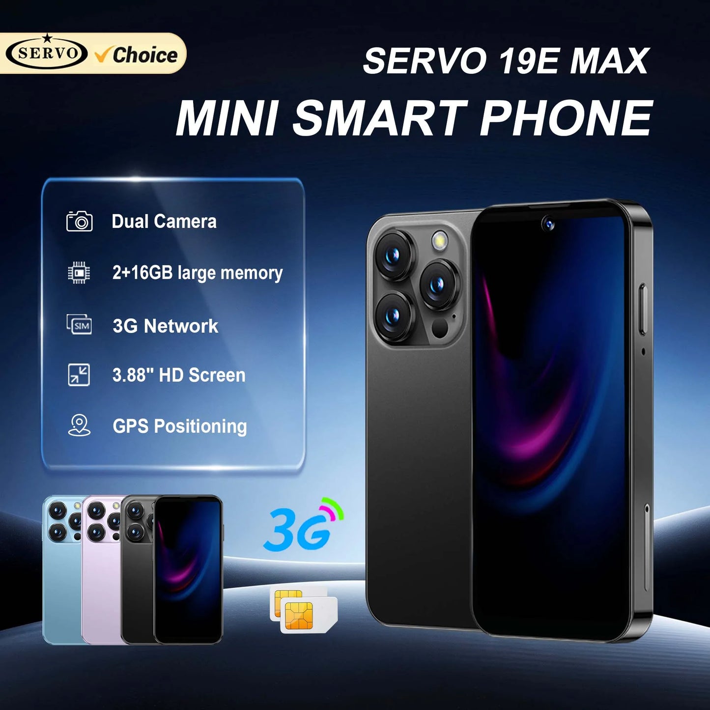 SERVO 19E MAX 3.88" Unlocked Mini Android Phone 3G 2GB+16GB Dual SIM Face Unlock GPS WiFi Hotspot Play Store Pocket Smartphone