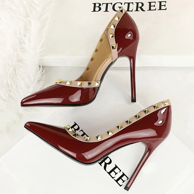 BIGTREE Shoes Rivet Design Women Pumps Patent leather High Heels 10.5 CM Stiletto Sexy party Shoes Women Heels Large size 43