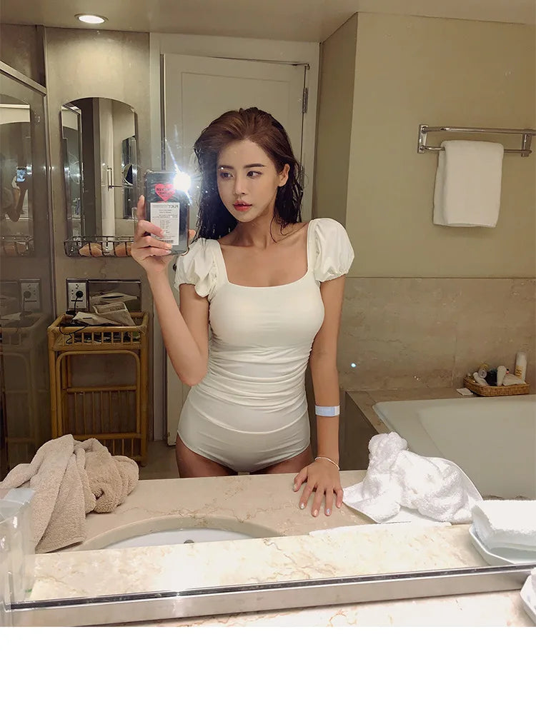 Slimming One-Piece Swimsuit Women's High-End Bubble Sleeve Square Collar Thermal Vacation Bodycon Sexy Pure Color Swimwear