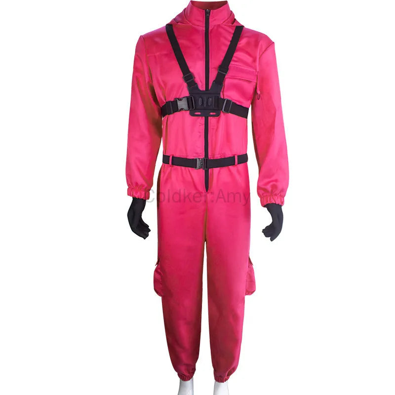 Halloween Cosplay Outfit TV Game Adult Kids Pink Red Jumpsuit Costume Set with Gloves Suspenders Role Play Party Wear for Boys