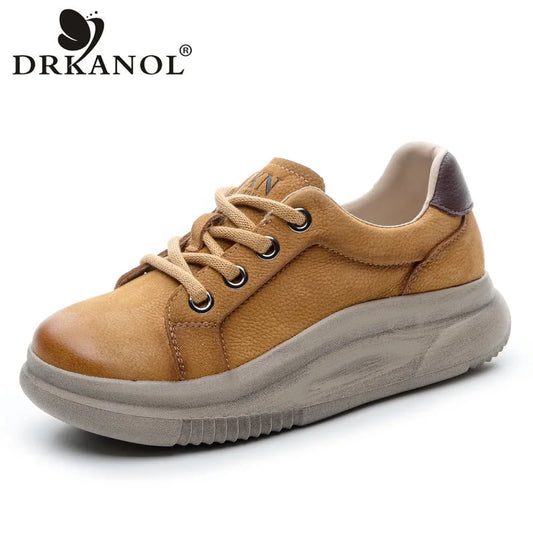 DRKANOL Spring Genuine Leather Casual Sneakers Women Thick Bottom Platform Lightweight Single Shoes Ladies Wedges Heel Shoes