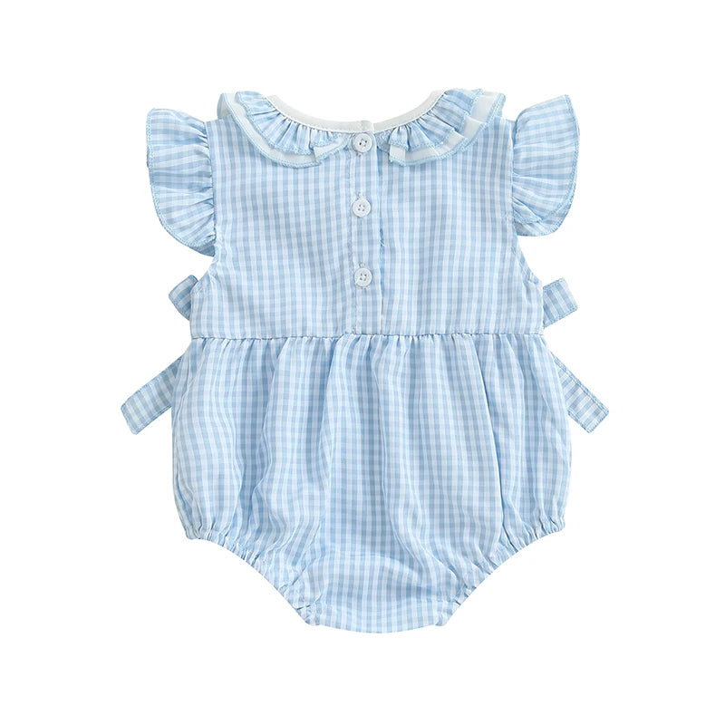Infant Baby Girl Summer Romper Outfit Ruffle Short Sleeve Bodysuit Bow Embroidery Plaid Jumpsuit 0-18M