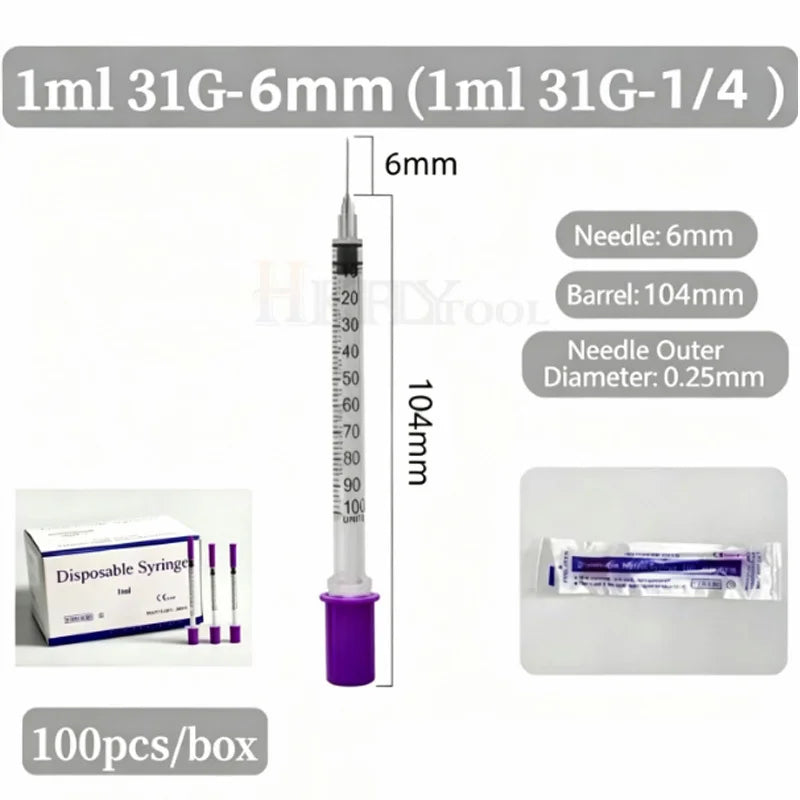 100pcs/box 0.3ml/0.5ml/1ml Disposable Sterile Syringes with 31G 6mm 8mm 29G 13mm 30G Needles for Lab Measuring Pet Feeding
