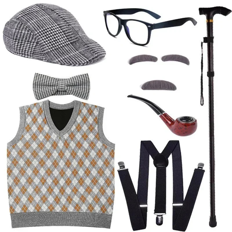 Halloween Children's Day Kids 100 Days Of School Costume For Boy Grandpa Vest Wig And Beard Granny Dress Up Props Carnival Party