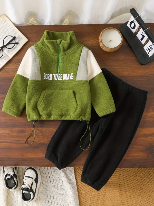 Kids Color Block Sherpa Fleece Set Half-Zip Stand Collar + "BORN TO BE BRAVE" Print Warm Autumn/Winter Two-Piece Outfit