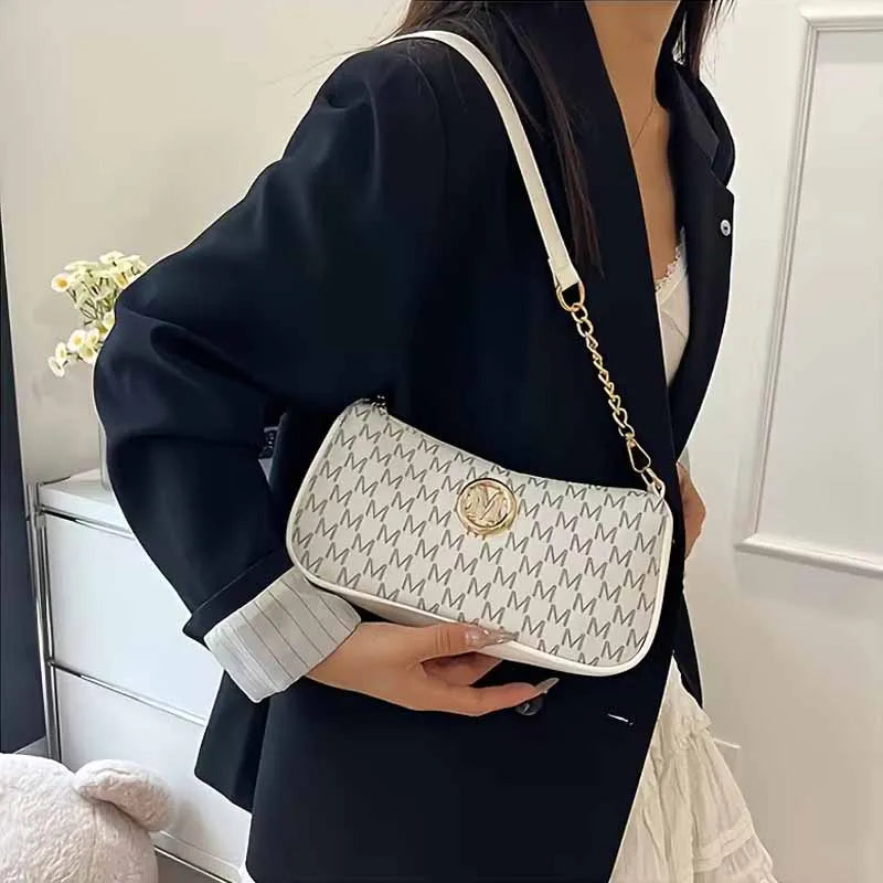 Fashion Ladies Geometric Print Chain Underarm Bag Metal Logo Decor Lightweight Shoulder Crossbody Handbag for Daily Use