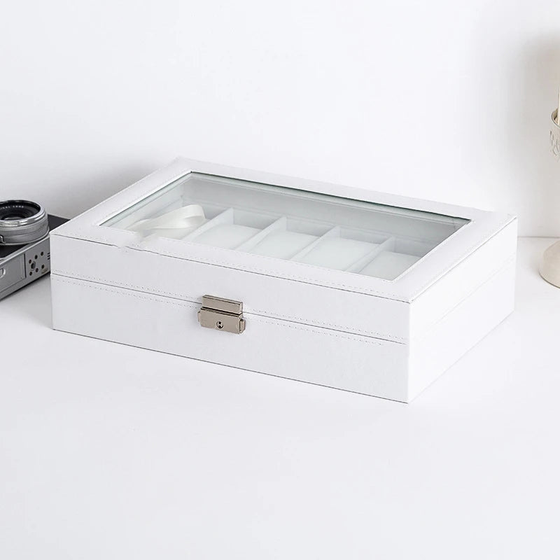 Wood Professional Watch Box Holder Storage Case Organizer White Simple PU Leather Watch Display Box Jewelry Packaging & Display