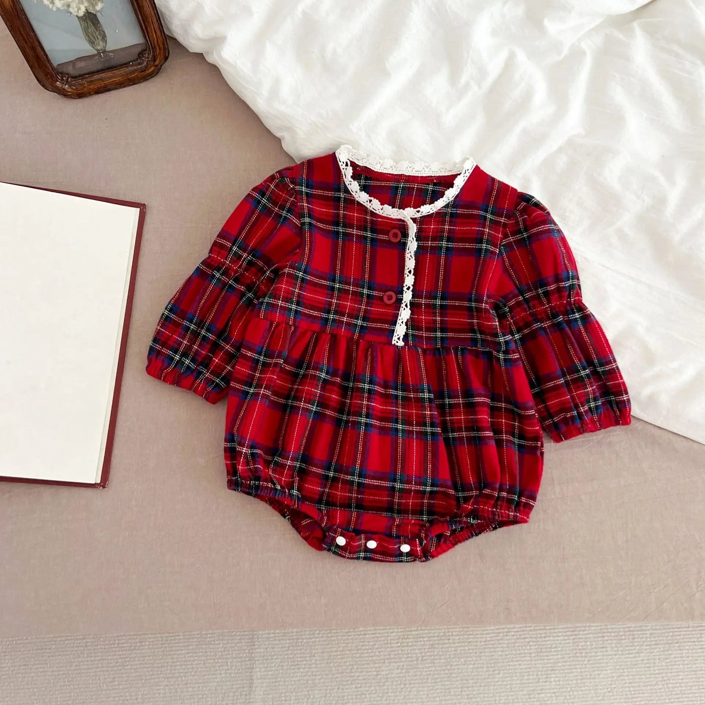 2025 Christmas New Infant Baby Girl Bodysuits Lace Cotton Red Grid Newborn Baby Girl Jumpsuit New Year Party Children Clothes