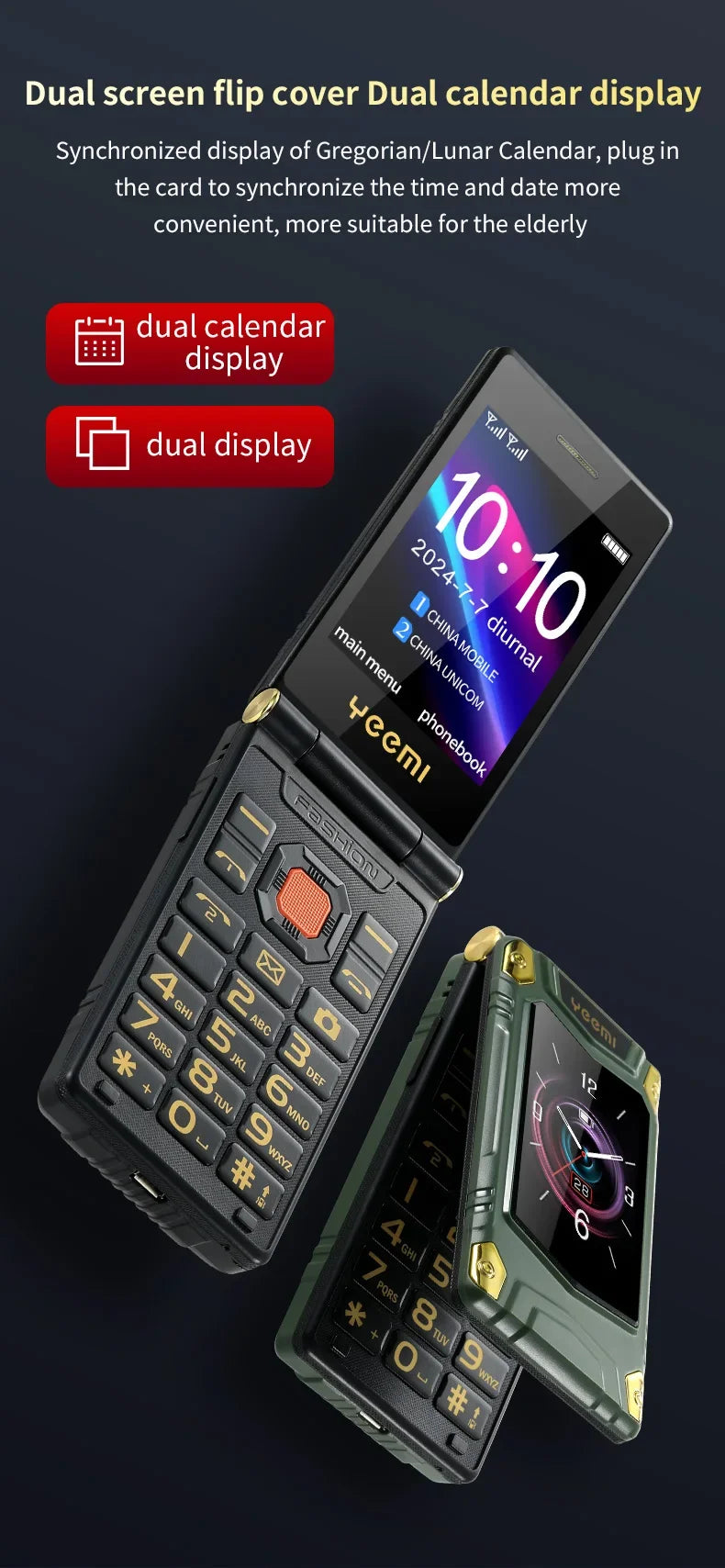 YeeMI M7 2G Rugged Feature Phone Dual SIM Dual Screen Large Fonts For Old Man 6800mAh Cellphone FM Radio SOS Russian Version