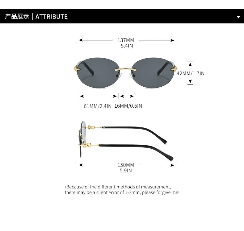 Rimless Small Round Cat Eye Sunglasses for Women Fashion Circle Frame Alloy Sun Glasses Ladies Elegant Casual Travel Glasses