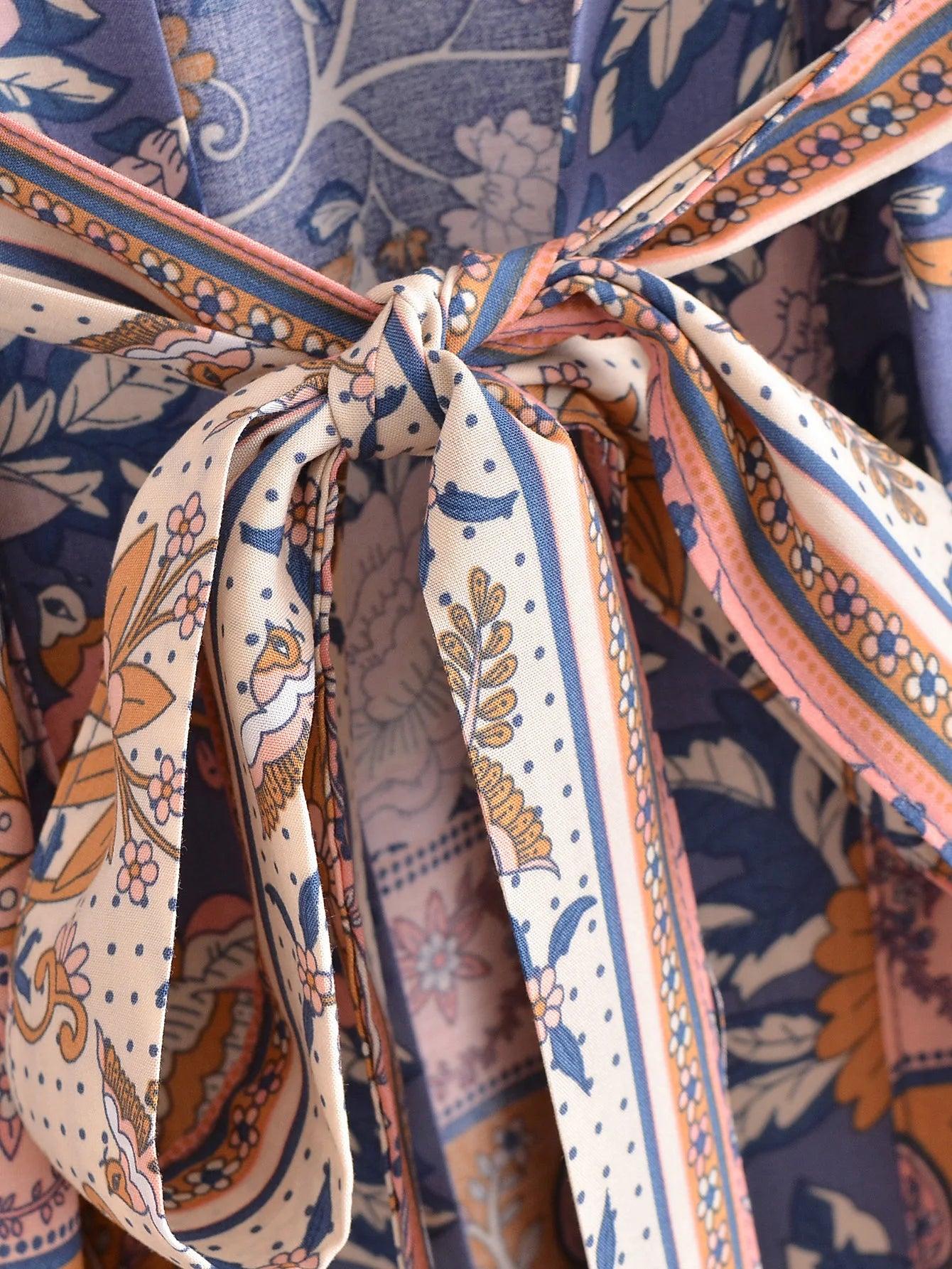 BOHO Women Blue With Pink Flower Print Kimono Shirt Holiday Tide Bow Sashes Mid Long Cardigan Summer Blouse Beach Cape