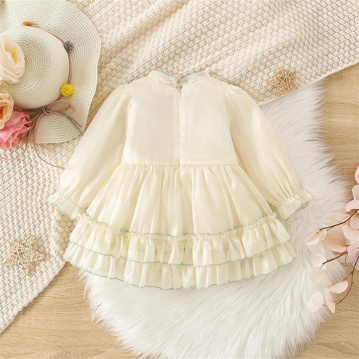 Girls' Dress Spring And Autumn Solid Color Flower Long Sleeved Baby Girl Dress Chinese Style One Year Old Baby Dress Baby Girl C