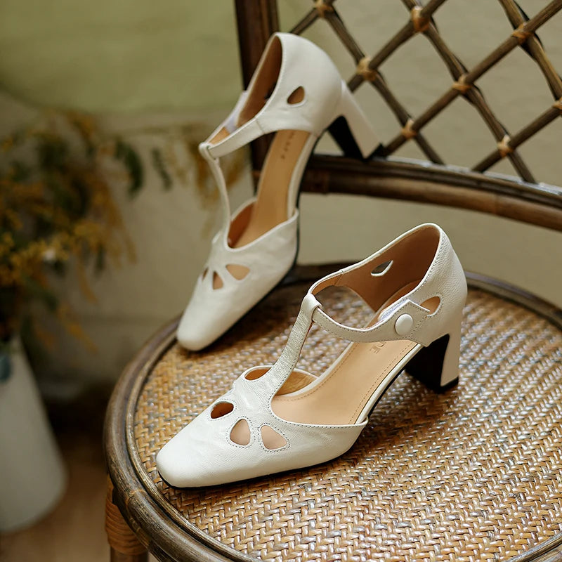 EAGSITY Cow leather square heel pointed toe sandals Women sandals shoes high heel pumps ankle strap shoes