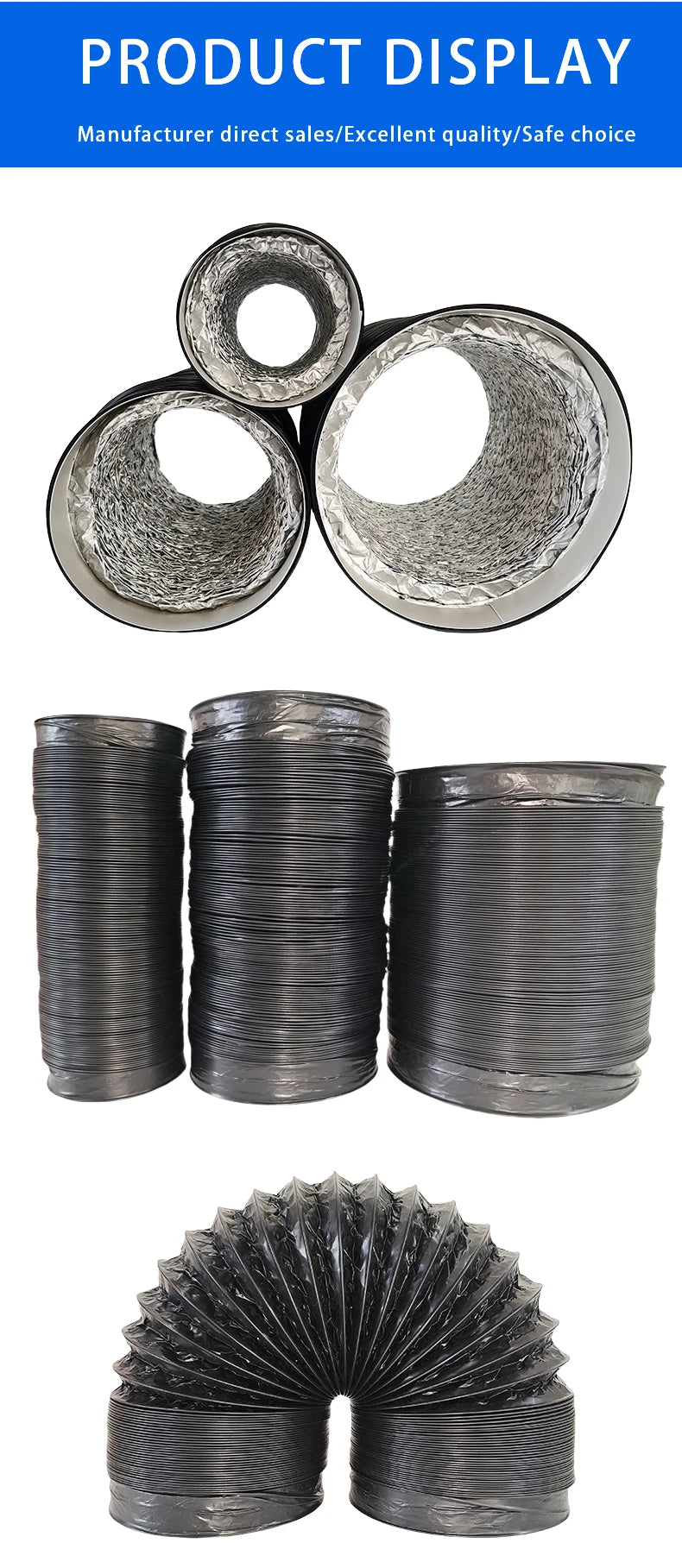 Black Exhaust Flexible Duct with Venting Aluminum Hose, Range Hood Ventilation Fan Hose, Ventilation Pipe, Flexible Aluminum Duct, Four-Layer Protection for Heating, Cooling, Ventilation, and Exhaust Pipes, Hvac Ducting, Fres