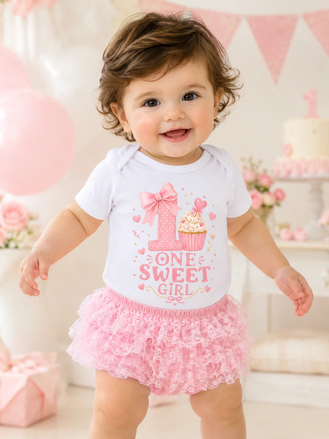 Baby Girl 1st Birthday Outfit One Sweet Girl Cupcake Print Short Sleeve Bodysuit Pink Lace Tutu Skirt 2Pcs Cake Smash Photo Shoo