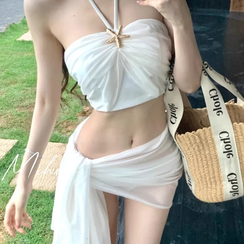 Swimsuit Women's High-end New Water Tone Sexy Pure Desire Bikini Three Piece Set Beach Vacation Hot Spring Neck Hanging Swimsuit