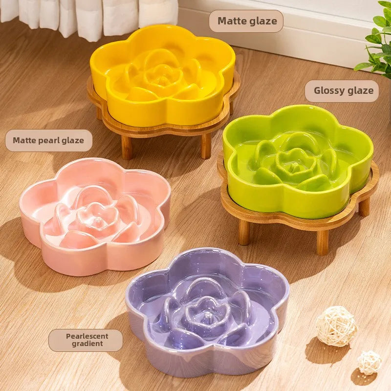Ceramic Dog Slow Food Bowl Anti-choking Medium and Large Dog Food Basin Cat Bowl with Wooden Frame Pet Feeding Supplies With