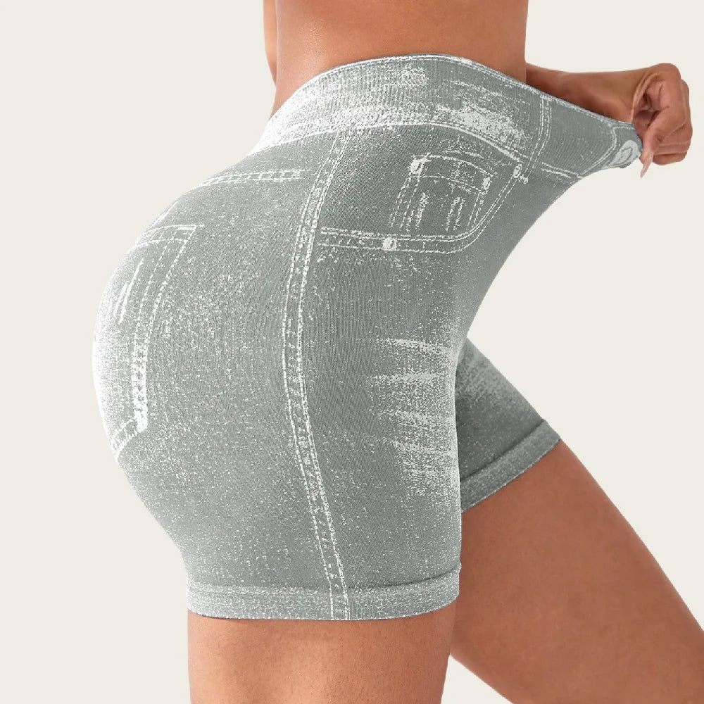 High Waist Women's Sports Shorts Hip Lifting and Body Shaping Faux Denim Jeans Stretch Short Leggings