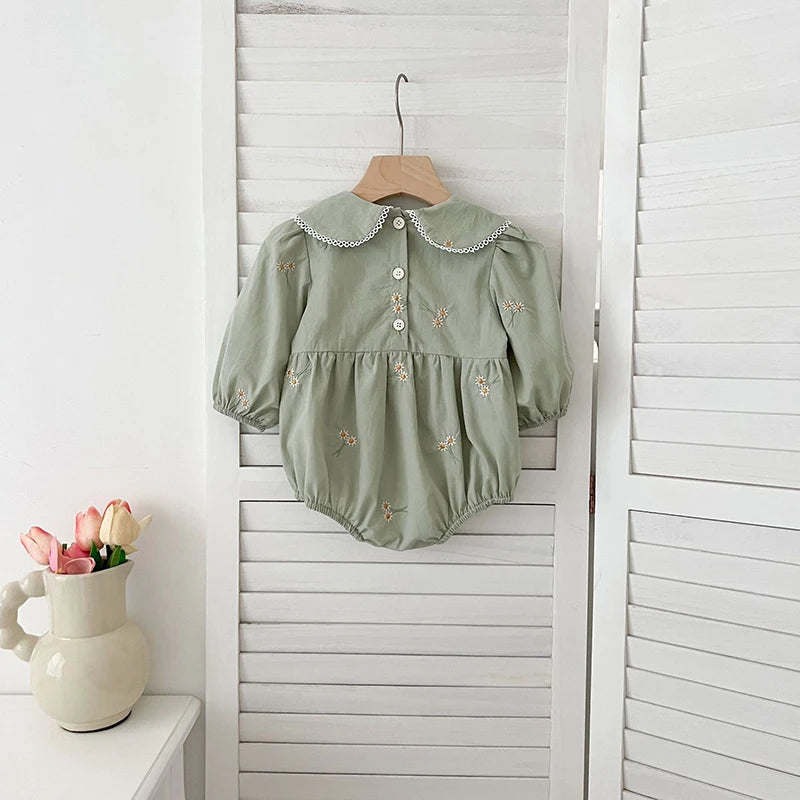 0-24M New Newborn Baby Girl Lapel Korean Style Bodysuit Autumn Long Sleeved Cotton Embroidery Climbing Suit Baby Girl Clothing