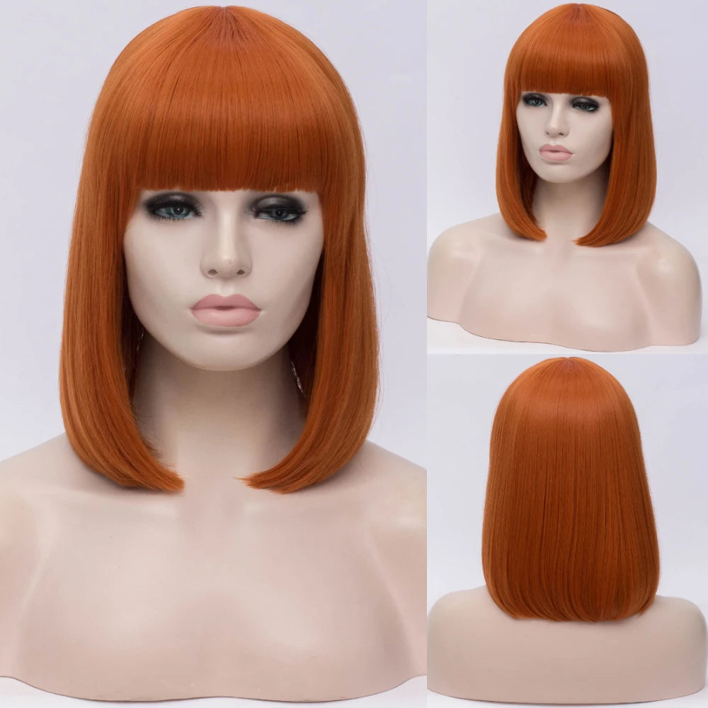 MSIWIGS Women Synthetic Straight Short Bob Wigs With Bangs Blue Golden Red Black White Purple Green Brown Cosplay Wig Female