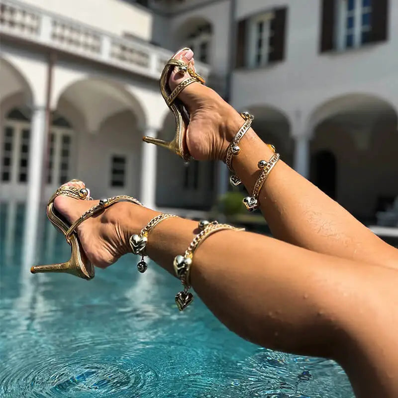 Onlymaker Women Round Toe Gold Metal Chain Pendant Wrap Strap Sandals Heels Slingback Stiletto 10CM Heeled Sandals