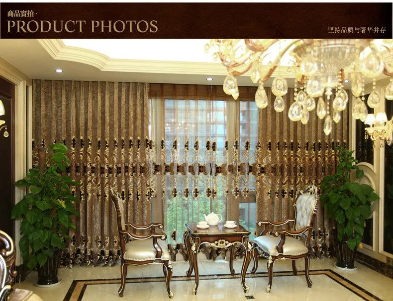 Embroidered Chenille Velvet Curtains for Living Room Bedroom European Modern Brown Gold Sheer Tulle Windows Backdrop Valance