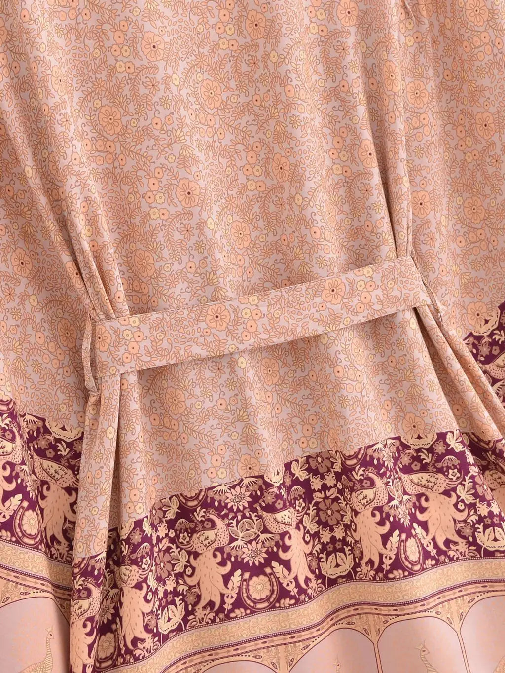 BOHO Women Blue With Pink Flower Print Kimono Shirt Holiday Tide Bow Sashes Mid Long Cardigan Summer Blouse Beach Cape