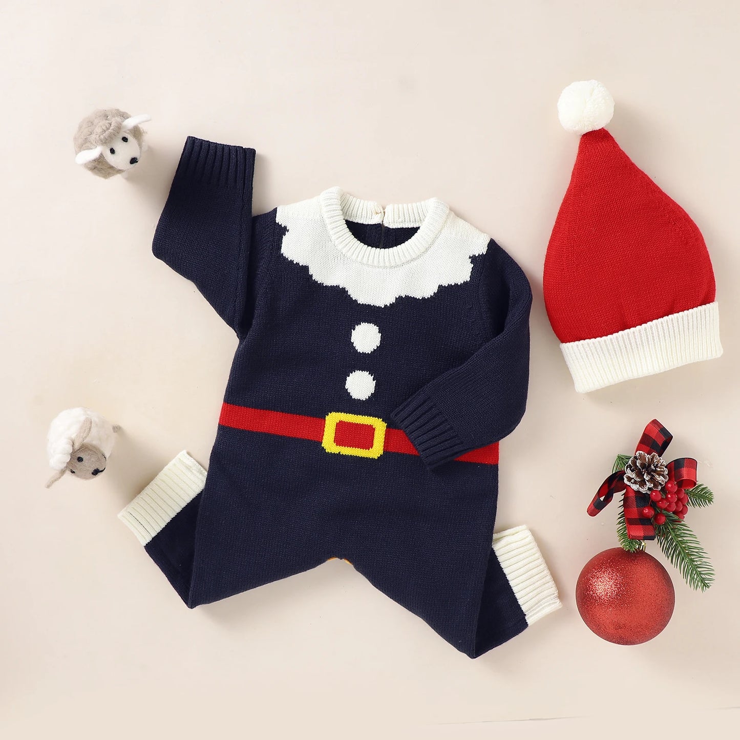 Infant Christmas Outfits Baby Romper Clothes Winter Red Santa Claus Knitted Newborn Infant Boy Girl Christmas Gift Jumpsuits+Hat