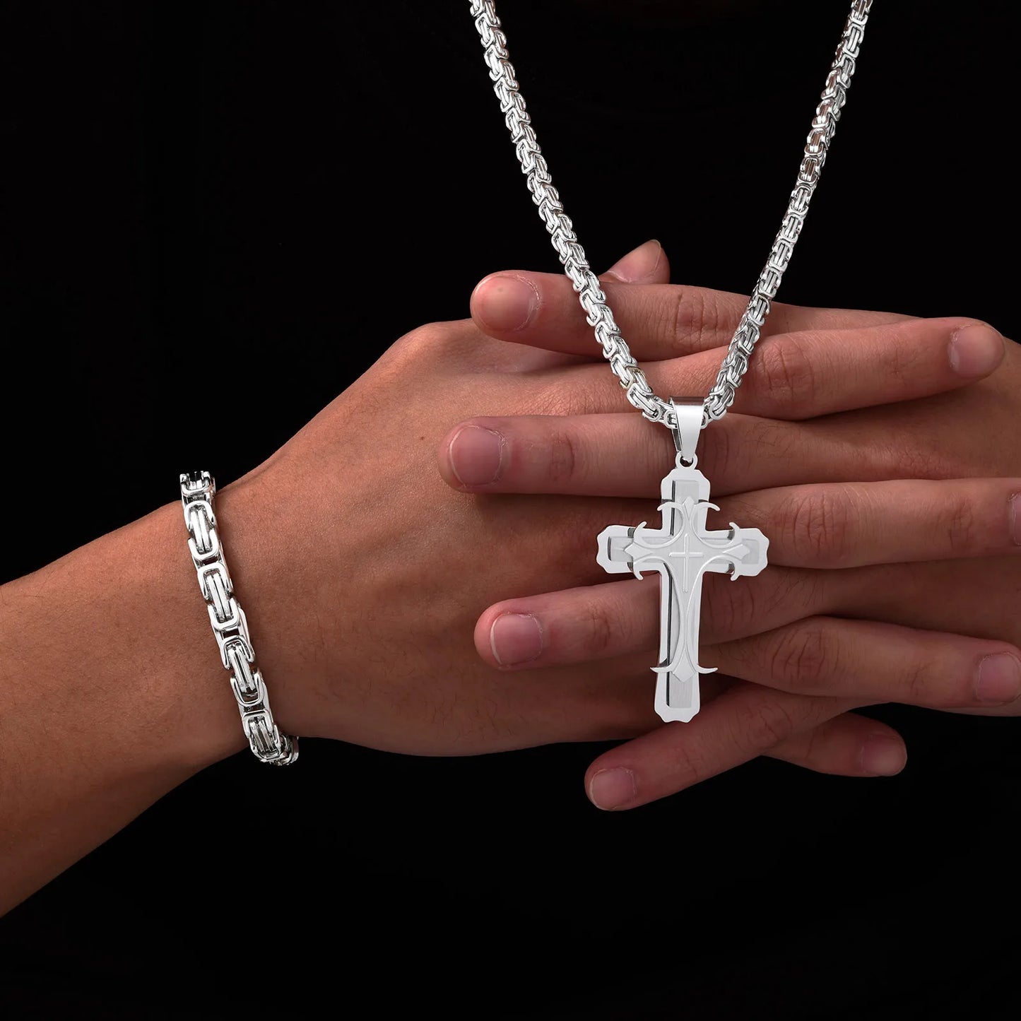 Mens Cross Pendant Necklace Sets,Two Tone Stainless Steel Byzantine Bracelets,Punk Jewelry Sets Gift to Husband Father Dad BBF