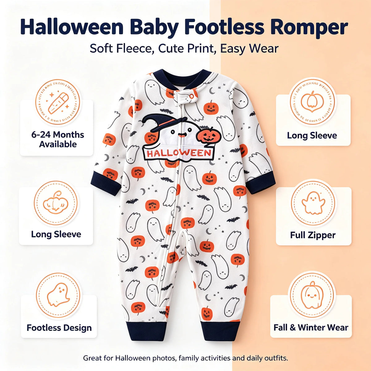 Halloween Baby Romper Polar Fleece Long Sleeve Full Zipper Infant Jumpsuit Ghost Pumpkin Print Footless Toddler Clothes 6-24M
