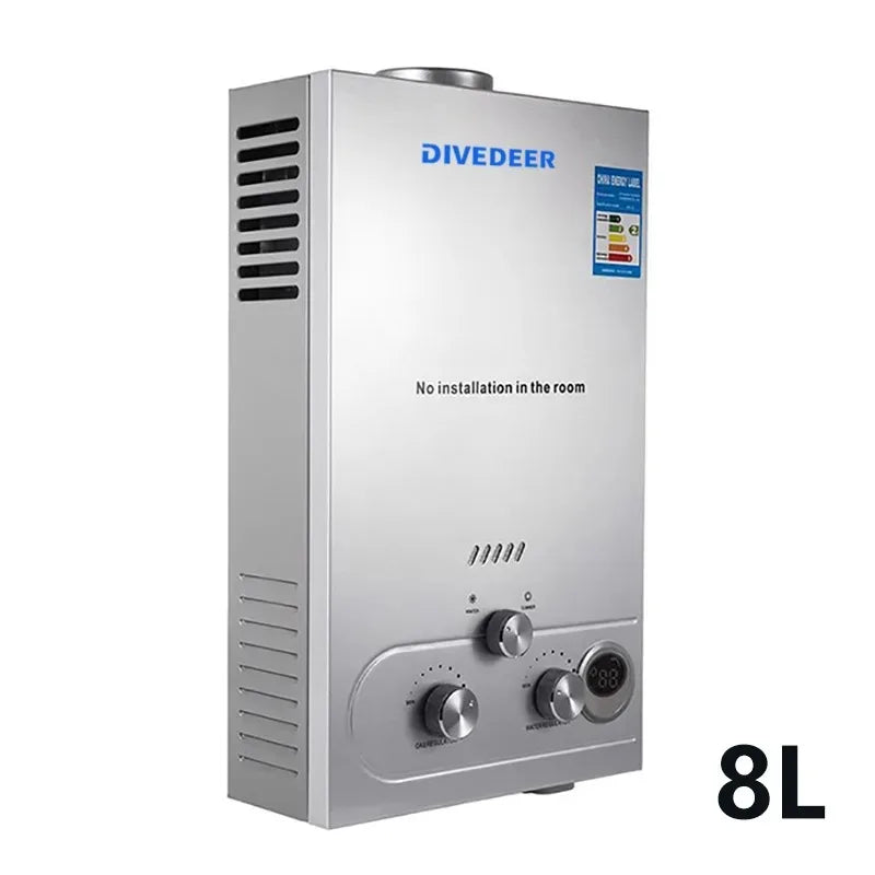 DIVEDEER 6L–18L Portable Instant-Heat LPG Water Heater for Home Use Stainless Steel Construction, Easy Installation