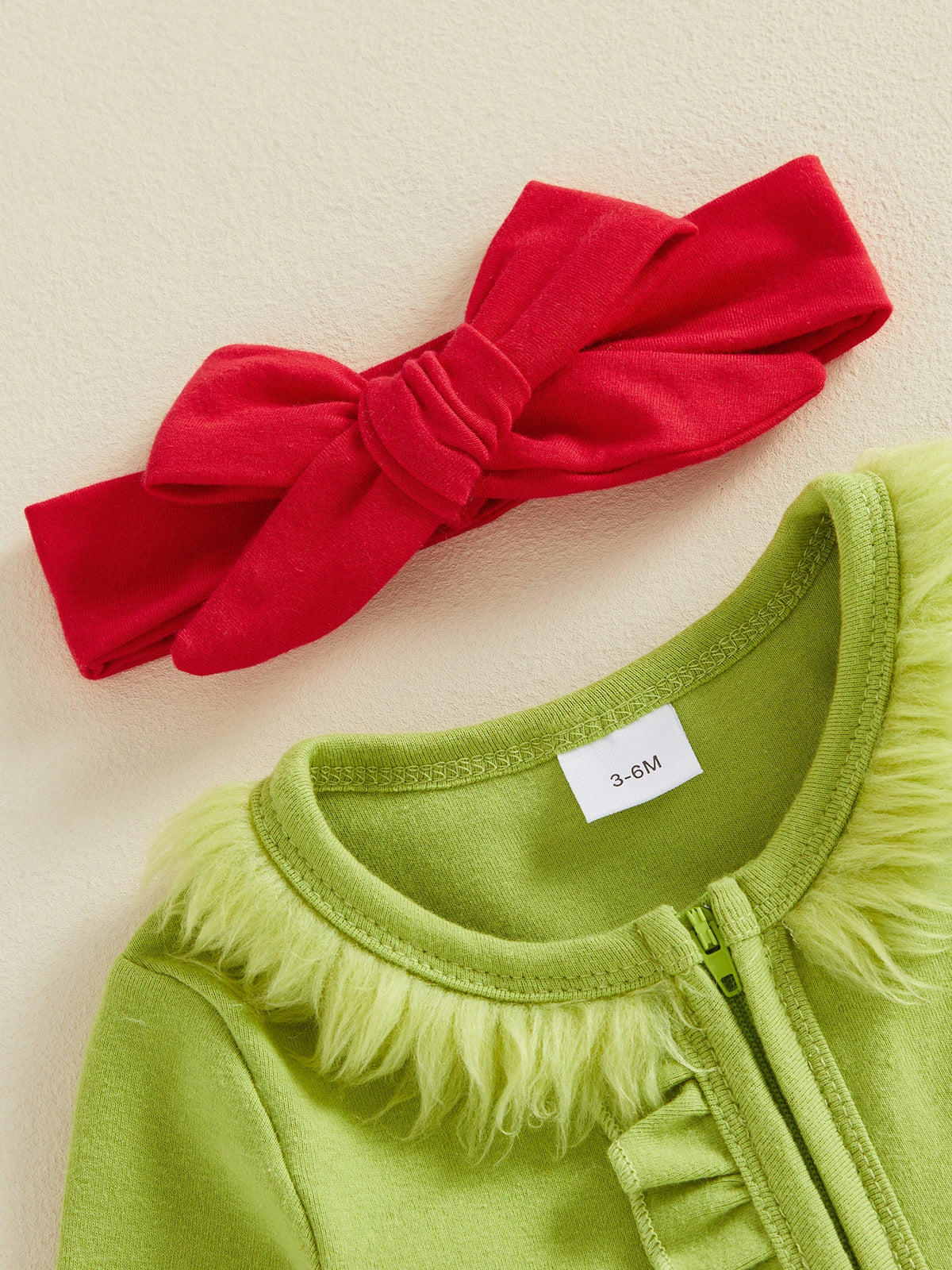 Baby Girls Christmas Ruffles Zipper Romper Green Plush Trim Jumpsuits and Headband Winter Baby Playsuits Clothes