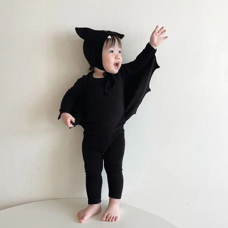 2025 New Baby Halloween Clothes Set Boys Girls Cute Bat Sleeve Bodysuit + Hat  Toddler Fashion Kids Halloween Party Clothing