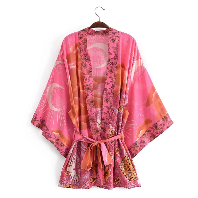 Happie Queens Vintage Star and Moon Floral Print Sashes Women Bohemian V Neck Batwing Sleeves Happie Short Robe Kimono