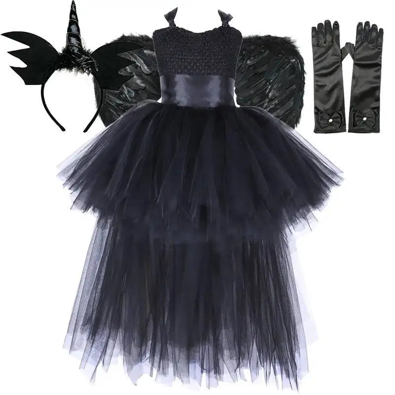 Dark Witch Halloween Costumes for Girls Black Devil Angel Fancy Trailing Dress with Feather Wings Bat Horns Kids High Low Outfit